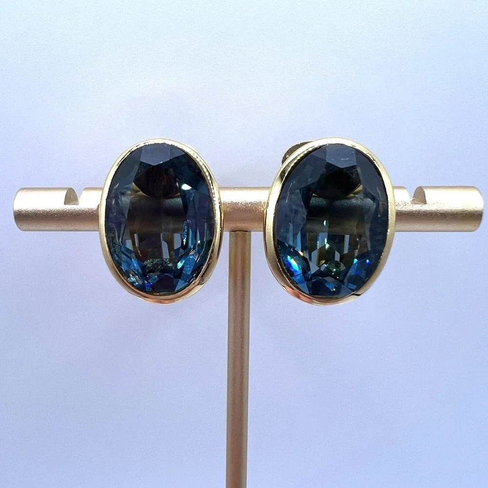 Christian Dior Earrings London Blue Open Bezel Crystal Oval Gold Plated Clip Vtg